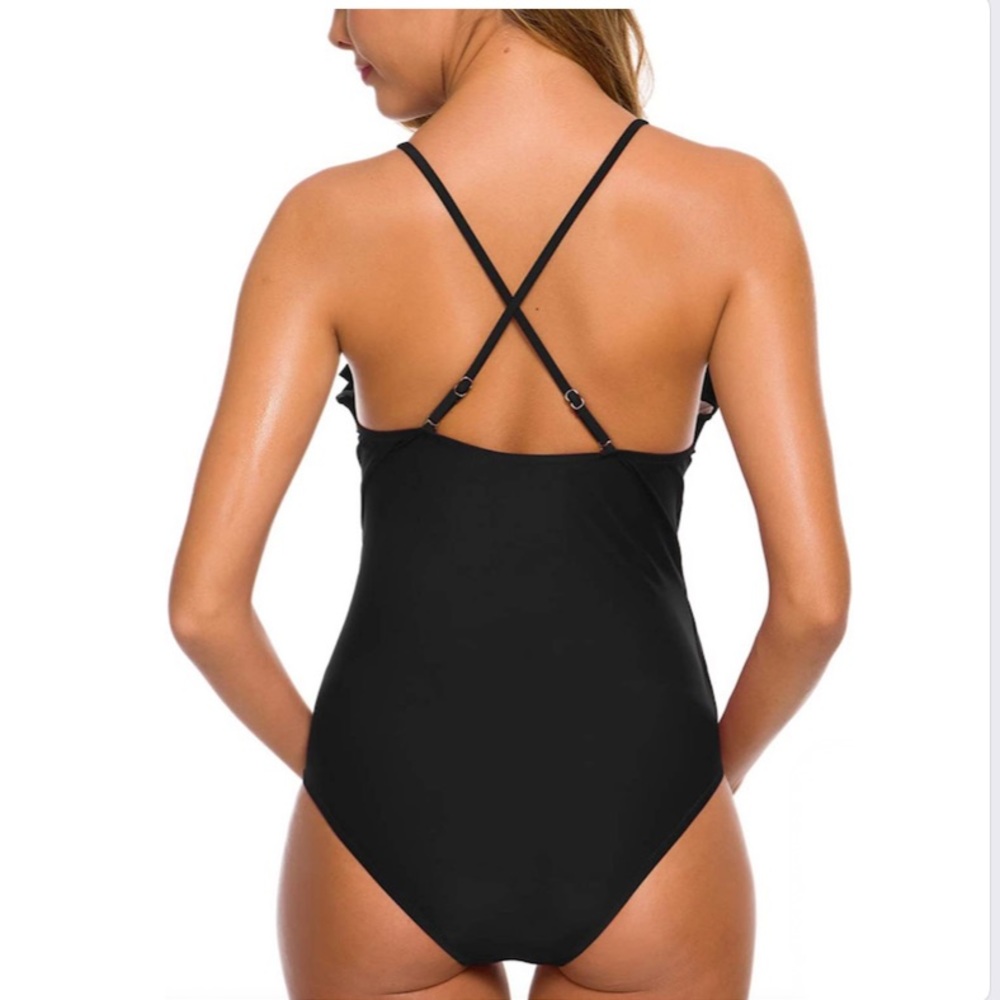 Maternity Swimsuit Ruffle Flounce Falbala Halter Monokini Black Deep V Neck - Picture 3 of 8